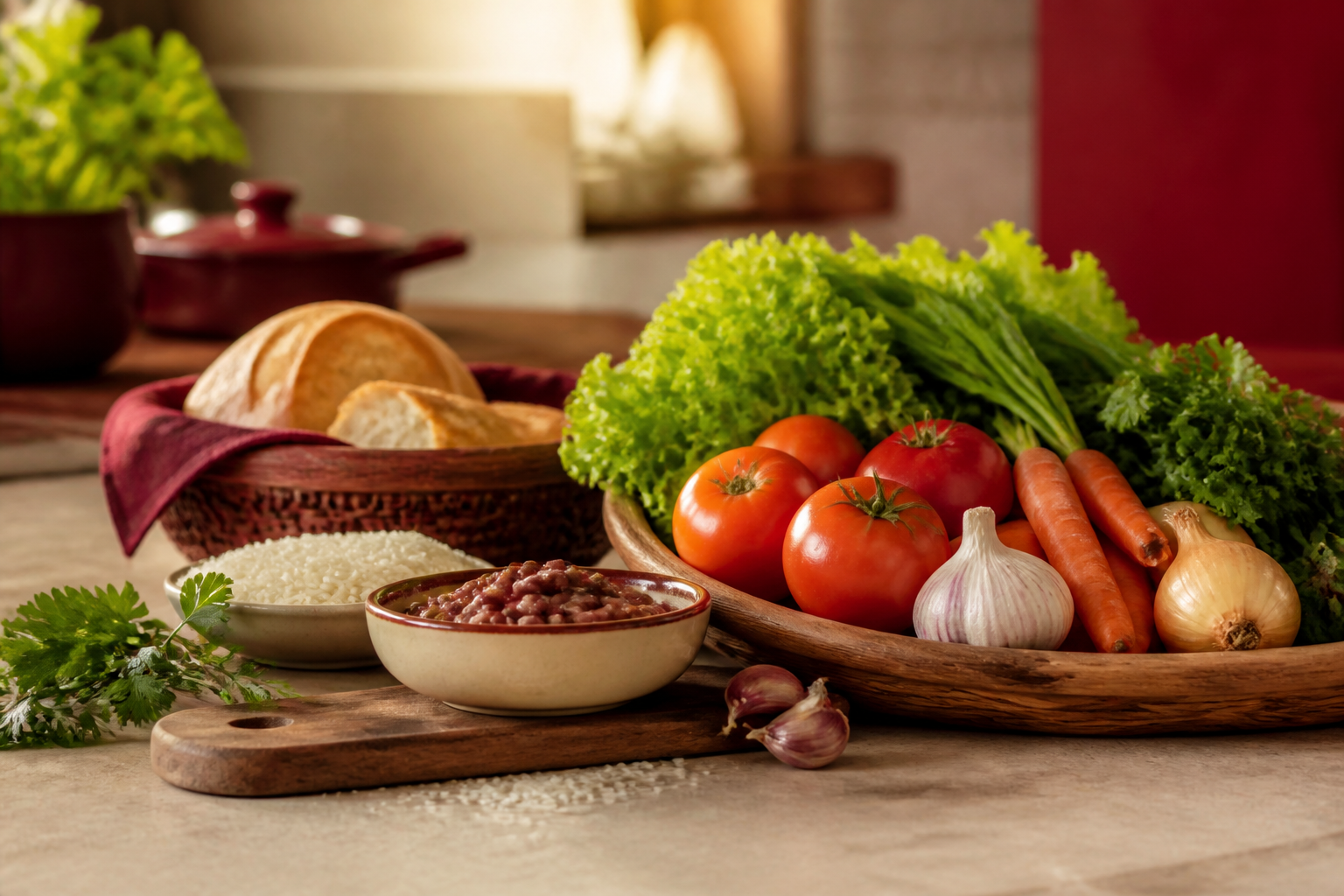 Composição editorial com ingredientes frescos para representar o almoço
